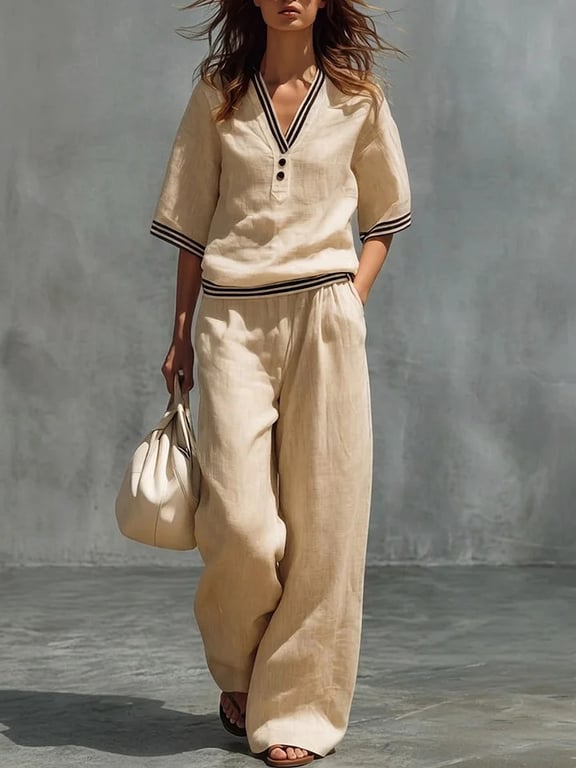 Cotton-Linen V-Neck Shirt & Pants Set | Casual Comfort thumbnail 18