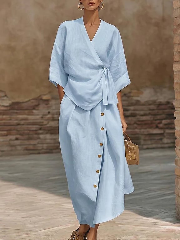 Women's Linen Two-Piece Set | Wrap Top & Button Skirt Canada thumbnail 10