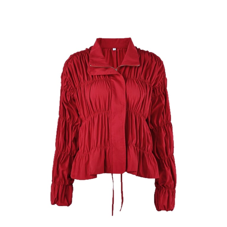 Red Pleated Stand-Collar Coat | Trendy Women's Fashion Top thumbnail 1