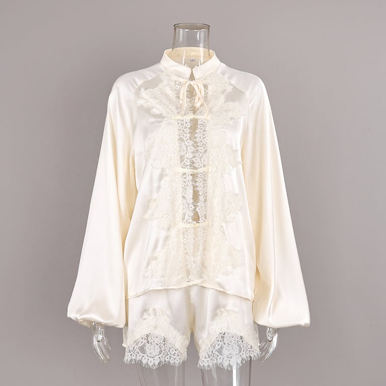 Off-White Ice-Silk Satin Lace-Trimmed Tie-Front Womens Pajama Set thumbnail 1