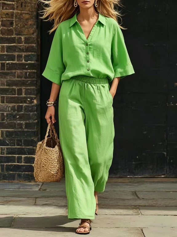 Women's Linen Two-Piece Set | Short-Sleeve Shirt & Loose Pants thumbnail 12