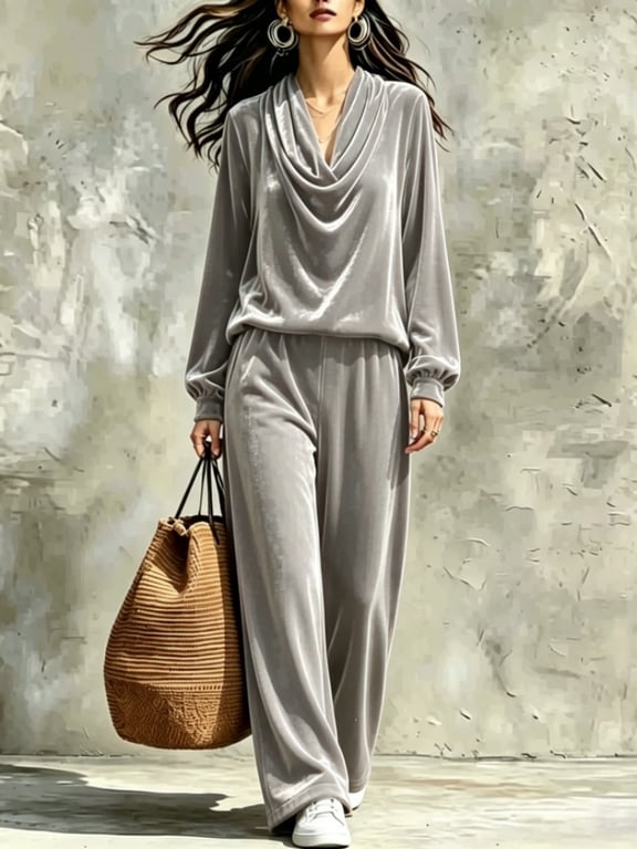 Women's Fall Winter Drop-Shoulder Velvet Top & Straight-Leg Pants Set thumbnail 19