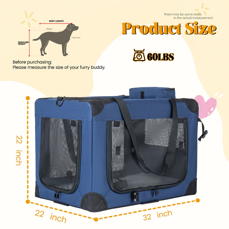32   Soft Dog Crates Kennel, 3-Door Portable Folding Pet Carrier With Mesh Windows, Straps And Fleece Mat For Dogs, Cats, Rabbits, Meeting The Needs For Indoor, Outdoor, And Travel Use, Dark Blue thumbnail 10
