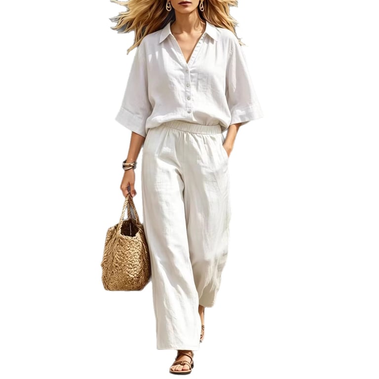 Women's Linen Two-Piece Set | Short-Sleeve Shirt & Loose Pants thumbnail 1