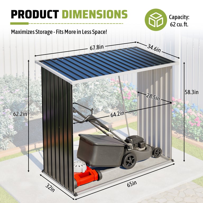 Outdoor Metal Storage Shed - 62 Cu. Ft. Firewood Rack & Patio Organizer With Sloped Roof, Weatherproof For Firewood, Lawn Mower & Yard Tools thumbnail 3