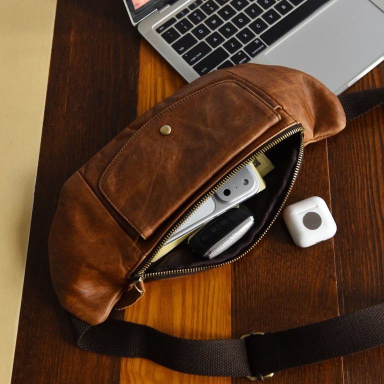 Retro Casual Vegetable Tanned Full-grain Leather Cowhide Chest Bag | Home & Kitchen thumbnail 15