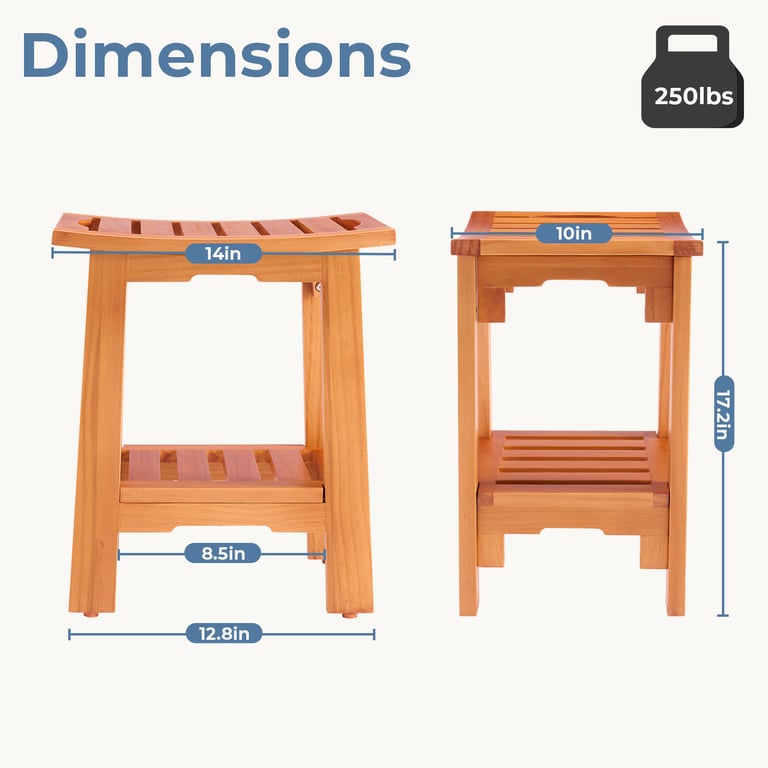 18-Inch Solid Wood Bathroom Stool with Shelf | Shower & Vanity thumbnail 7