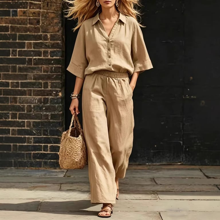Women's Linen Two-Piece Set | Short-Sleeve Shirt & Loose Pants thumbnail 4