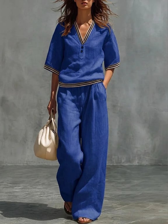 Cotton-Linen V-Neck Shirt & Pants Set | Casual Comfort thumbnail 6