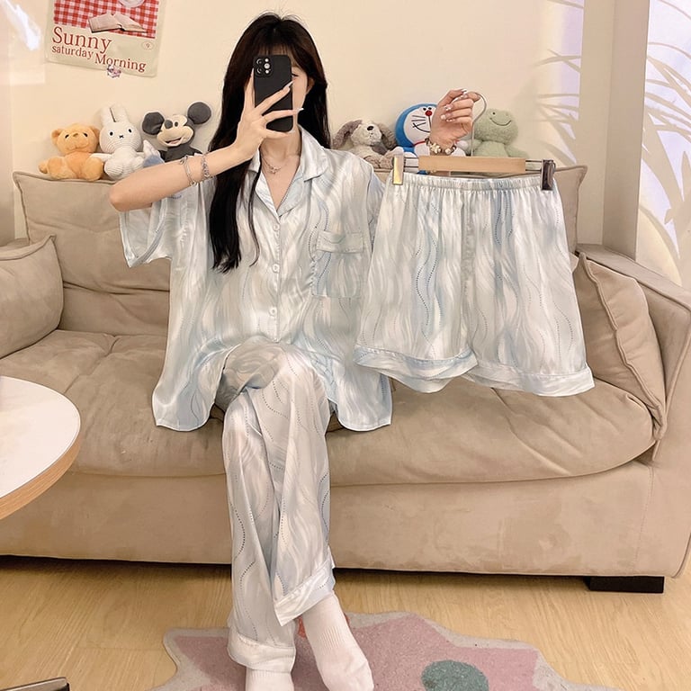 Women's Summer Ice Silk Pajama Set 3-Piece Short-Sleeve | Captain Fam thumbnail 13