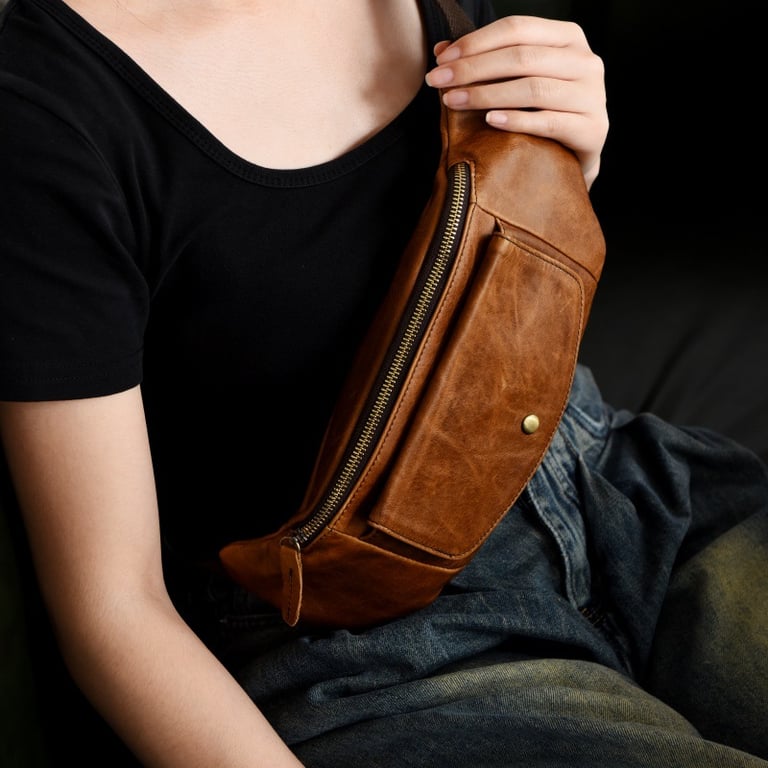 Retro Casual Vegetable Tanned Full-grain Leather Cowhide Chest Bag | Home & Kitchen thumbnail 3