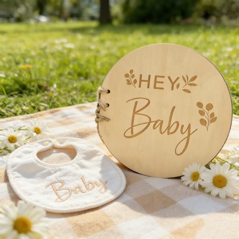Round Wooden Hey Baby Guest Book | Laser Engraved Floral Signature Book thumbnail 1