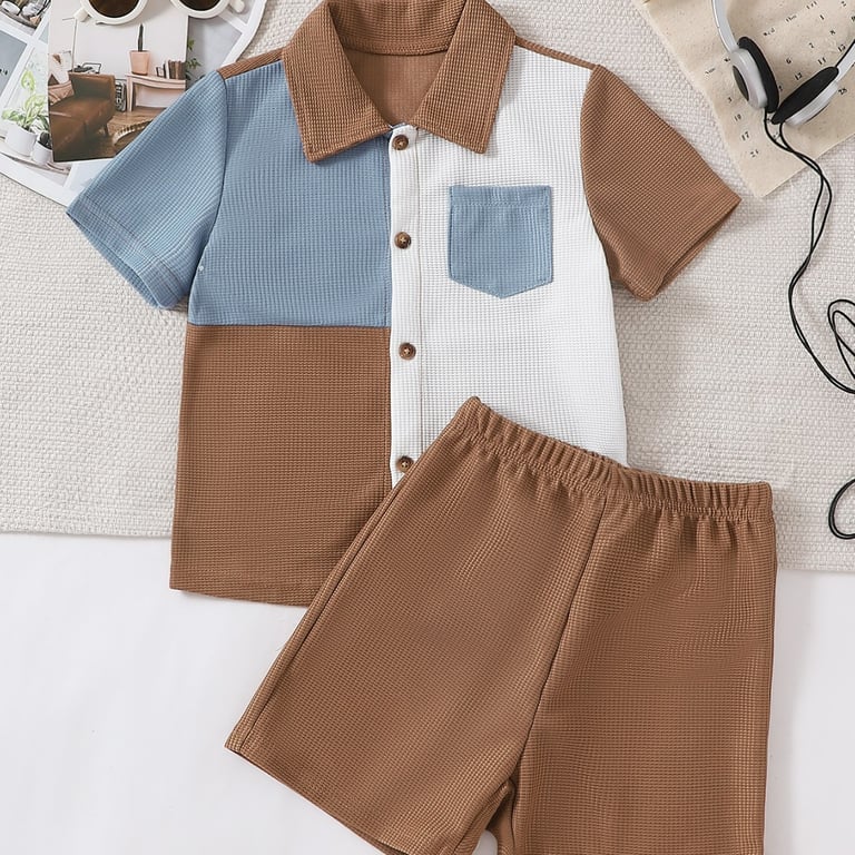 Boys Cartoon Print Waffle Knit T-Shirt & Shorts Set | Trendy thumbnail 1