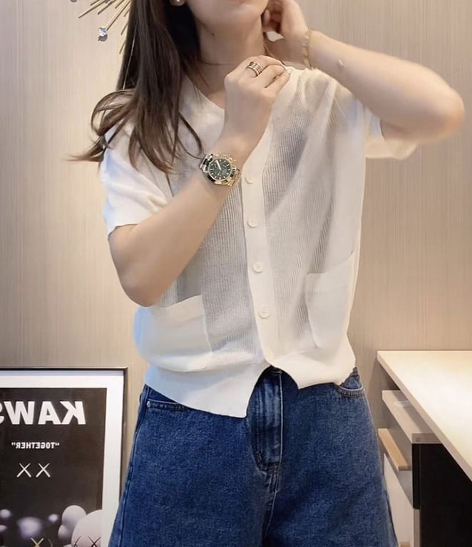 Women's V-Neck Ice-Silk Knitted T-Shirt Top | Breathable Blue Cardigan thumbnail 1
