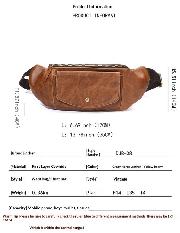 Retro Casual Vegetable Tanned Full-grain Leather Cowhide Chest Bag | Home & Kitchen thumbnail 20