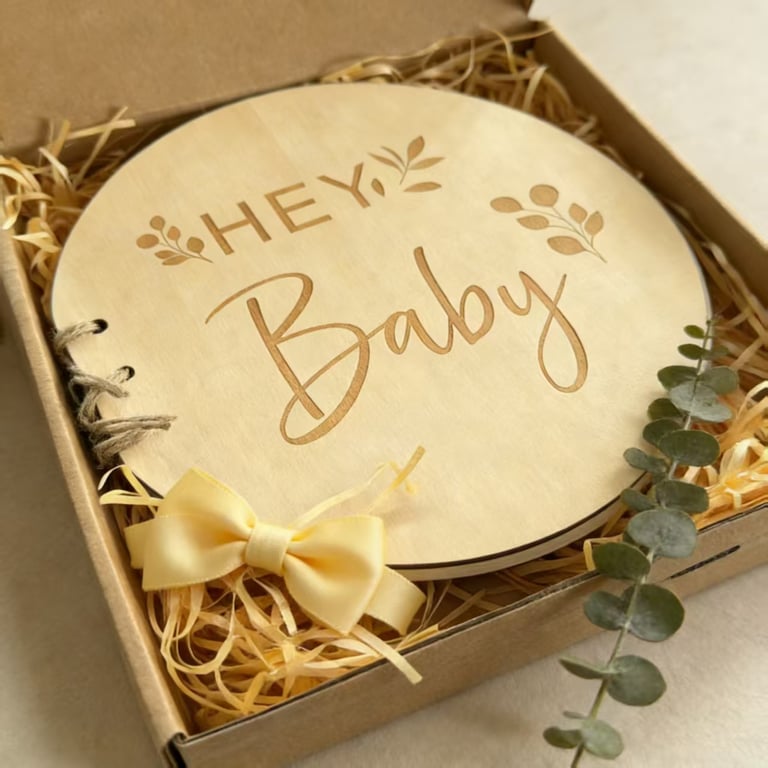 Round Wooden Hey Baby Guest Book | Laser Engraved Floral Signature Book thumbnail 5