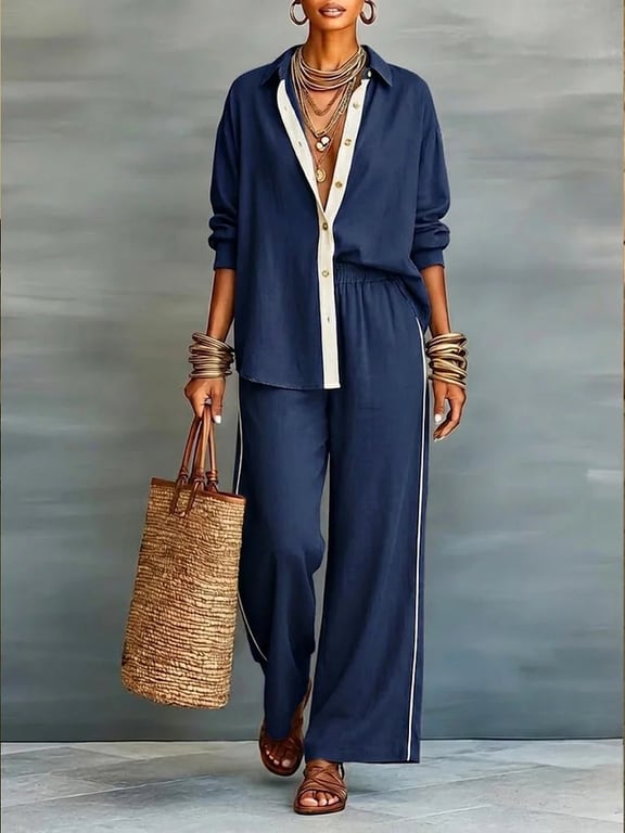 Women's Contrast-Color Casual Loose Pants Two-Piece Set | Comfy thumbnail 18