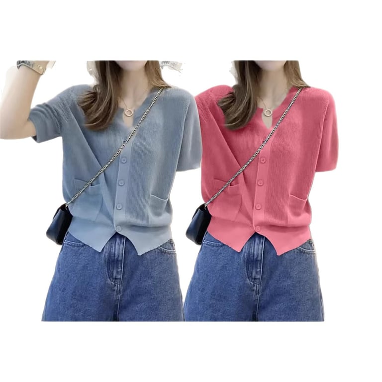Women's V-Neck Ice-Silk Knitted T-Shirt Top | Breathable Blue Cardigan thumbnail 17