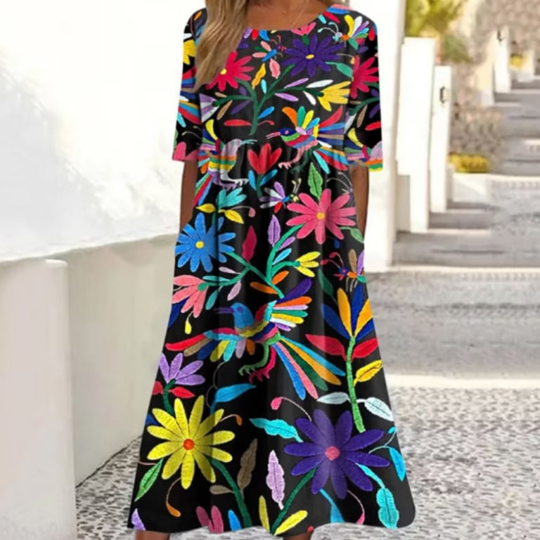 Women's Ethnic Floral Bird Cotton Linen Dress | Comfortable A-Line thumbnail 1