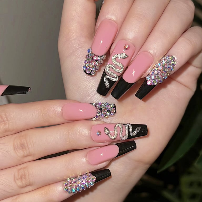 24 PCS Diamond Snake Coffin Press-On Nails | Rhinestone Nail Art thumbnail 5