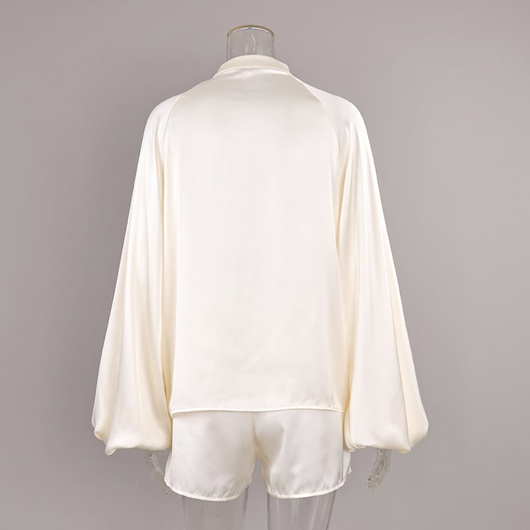 Off-White Ice-Silk Satin Lace-Trimmed Tie-Front Womens Pajama Set thumbnail 3