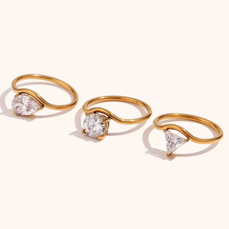 Geometric Zirconia Wave Ring Set | Gold Stainless Steel Band thumbnail 6