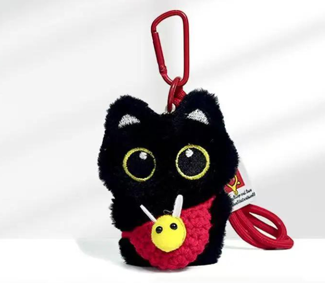 Black Cat Pendant Keychain with Bee Bib | Cute Plush Charm thumbnail 6