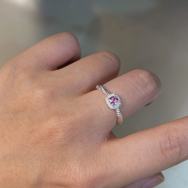 Pink Cushion Cut CZ Sterling Silver Ring | Halo Pave Twisted Band thumbnail 3