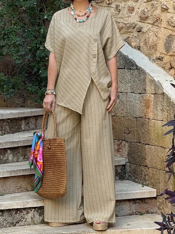 Striped Two-Piece Set | Asymmetrical Shirt & Loose Pants for Women thumbnail 12