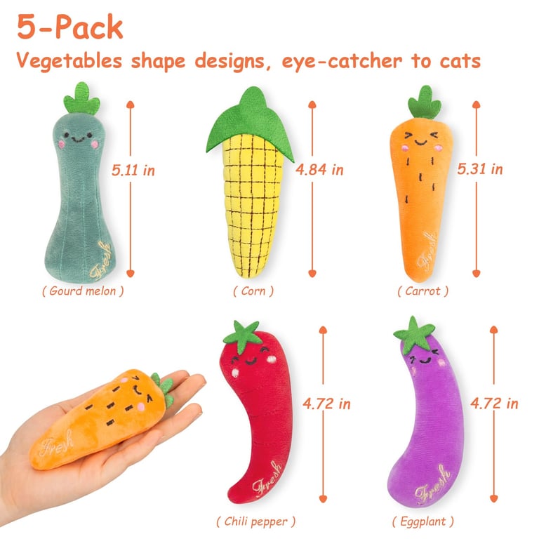 Catnip Cat Toys 5-Pack | Plush Vegetable Kicker Toys for Indoor Cats thumbnail 2