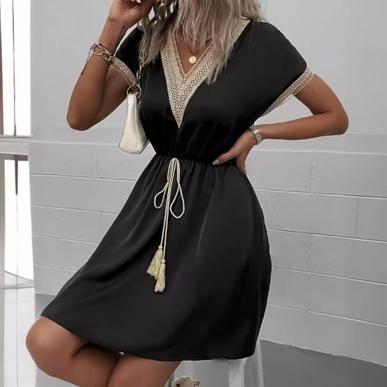 Lace-Trimmed V-Neck Waist-Cinching Dress | Casual Women's Fashion thumbnail 6