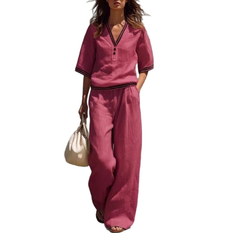 Cotton-Linen V-Neck Shirt & Pants Set | Casual Comfort thumbnail 10