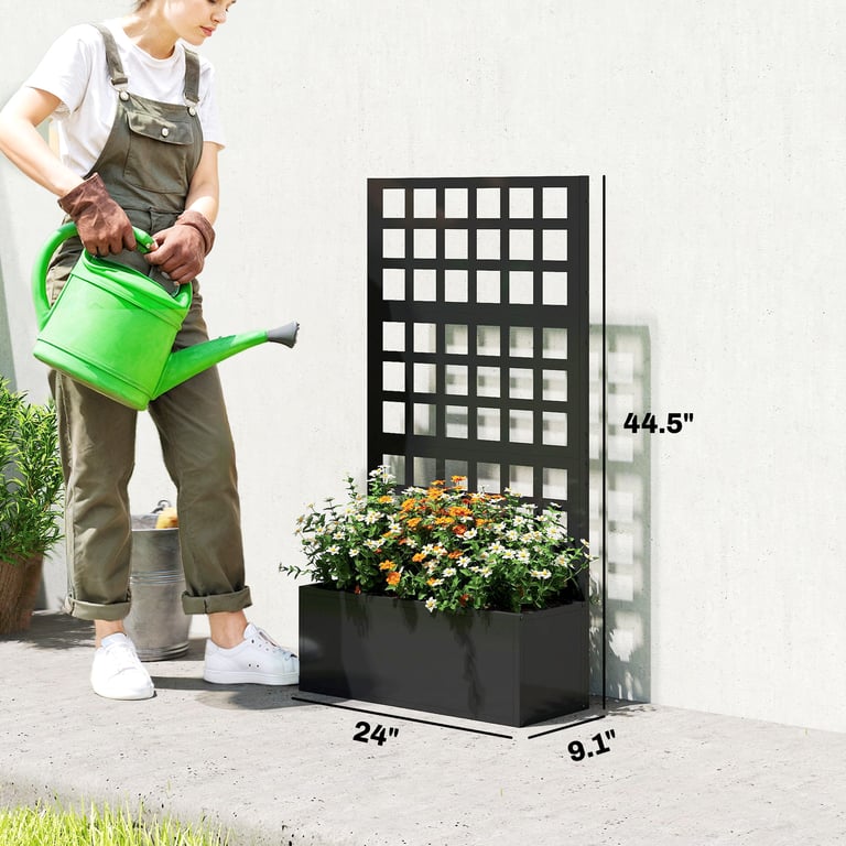 Galvanized Raised Garden Bed Planter Box with Trellis for Climbing Plants, Vegetable, Vines, 24" x 9" x 44.5", Black thumbnail 12