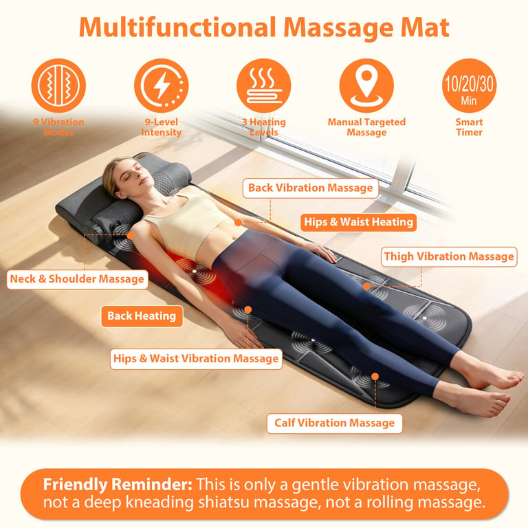Vibration Massage Mat With Heat Full Body Massage Mattress Pad Electric Heated Massager With 10 Motors 9 Modes 9 Intensities 3 Heating Levels 3 Timer With Storage Bag Earplugs Car Charger For Neck Ba thumbnail 7