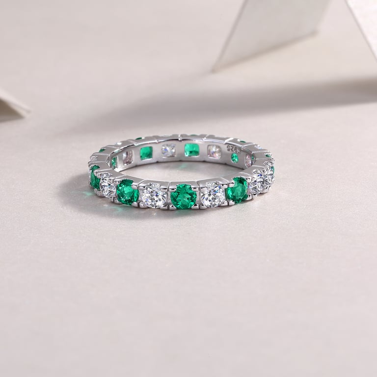 S925 Silver Platinum Eternity Ring | Green & White Gemstone Stackable thumbnail 5
