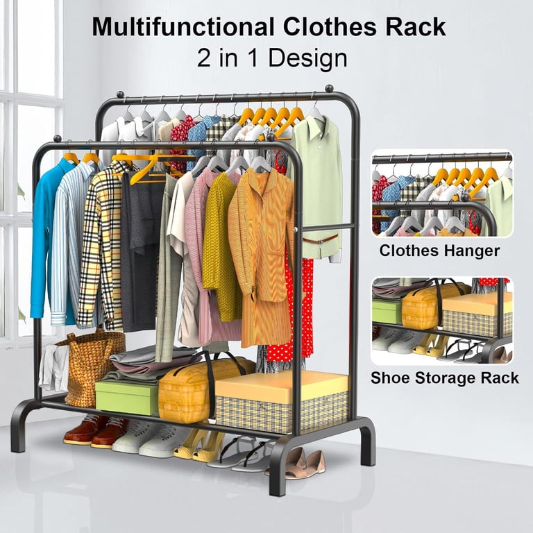 Heavy Duty Double Clothes Rail Hanging Rack Garment Display Stand Shoes Storage thumbnail 5