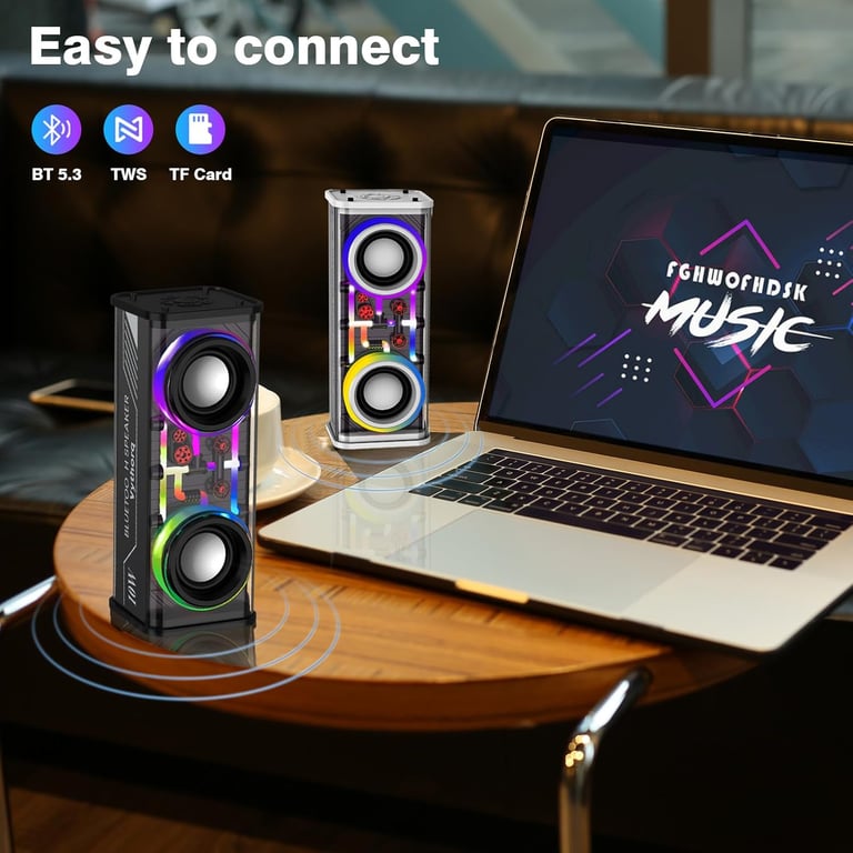 Portable Bluetooth Speaker With LED Lights&Transparent Casing, Bluetooth 5.3 Wireless Outdoor Speakers Support TWS PairingTF Card, 10W Stereo Sound, Electronics For Home, Outdoors, Travel Black thumbnail 3