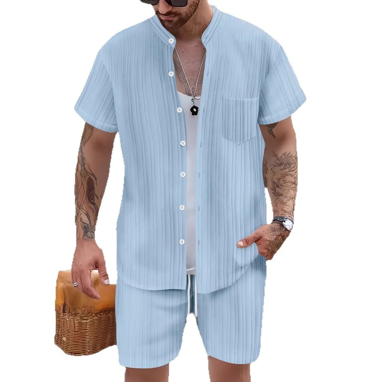Men's Casual Stand Collar Ribbed Shirt & Shorts Set | Two-Piece thumbnail 6