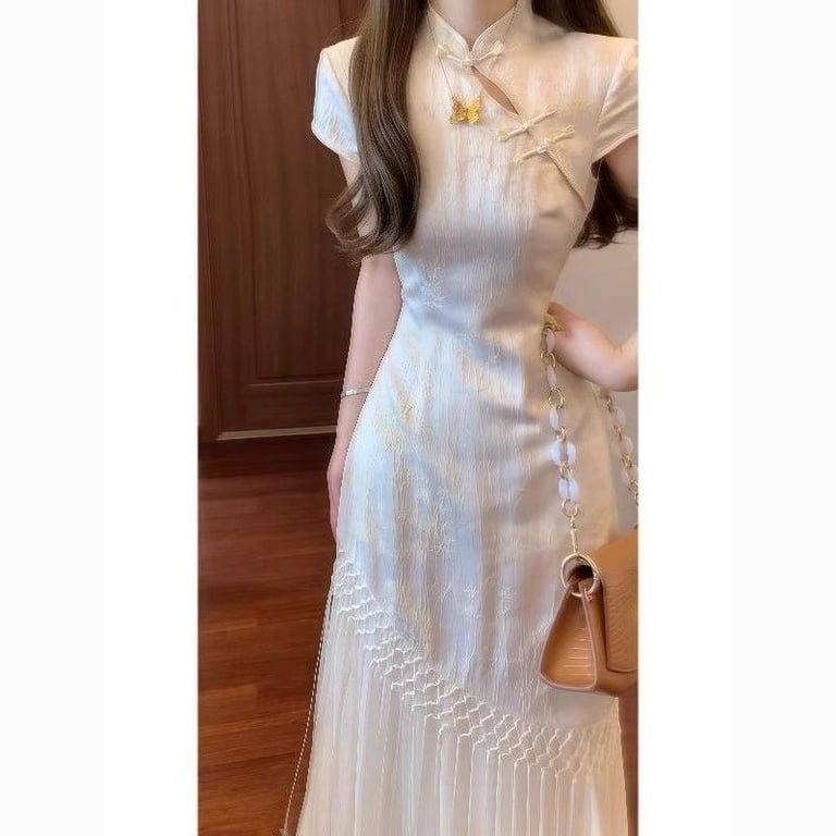 Chinese-Style Cheongsam Dress for Women | Elegant Cream Qipao thumbnail 4
