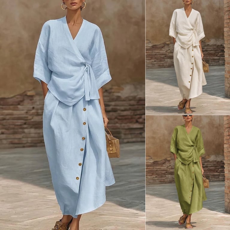 Women's Linen Two-Piece Set | Wrap Top & Button Skirt Canada thumbnail 13