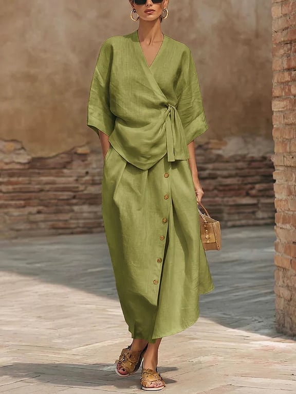 Women's Linen Two-Piece Set | Wrap Top & Button Skirt Canada thumbnail 6
