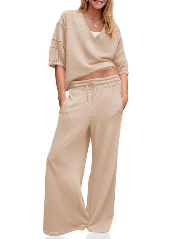 Women's 2 Piece Wide Leg Tracksuit Set | V Neck Casual Workout thumbnail 3