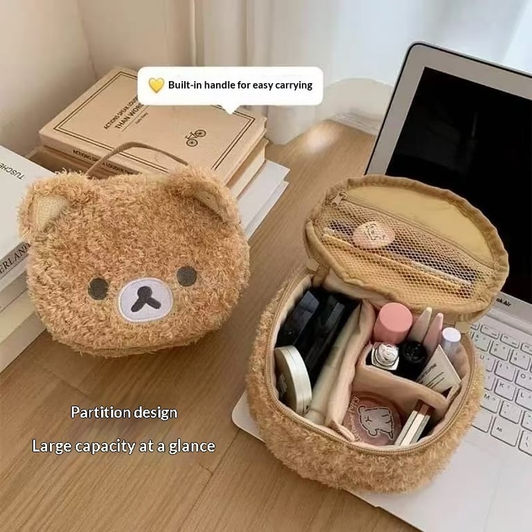 Cute Bear Head 3D Makeup Bag | Soft Lambswool Cosmetic Organizer