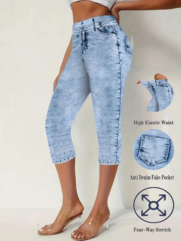 Denim-Look High-Stretch Capri Leggings | Summer High-Waisted Tight-Fit thumbnail 7