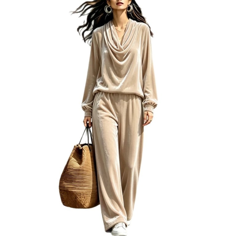 Women's Fall Winter Drop-Shoulder Velvet Top & Straight-Leg Pants Set