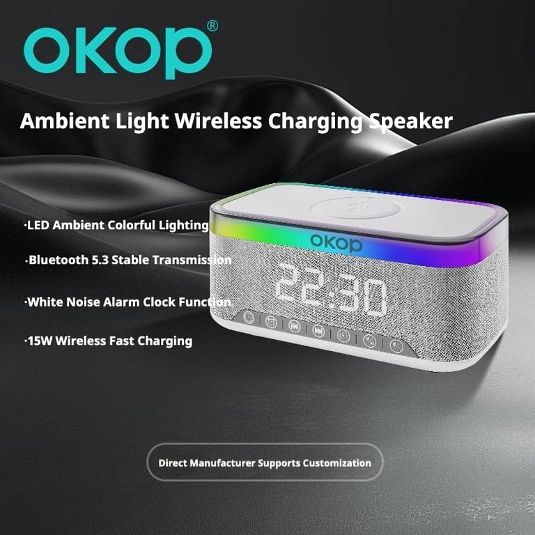 KP-559 15W Wireless Charging Clock Alarm Clock RGB Ambient Light White Noise Desktop Bluetooth Speaker thumbnail 20