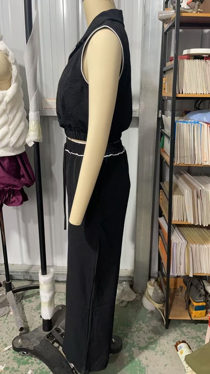 Sleeveless Lapel Top with Pockets & Faux Drawstring Pants Set | Home & Kitchen thumbnail 10
