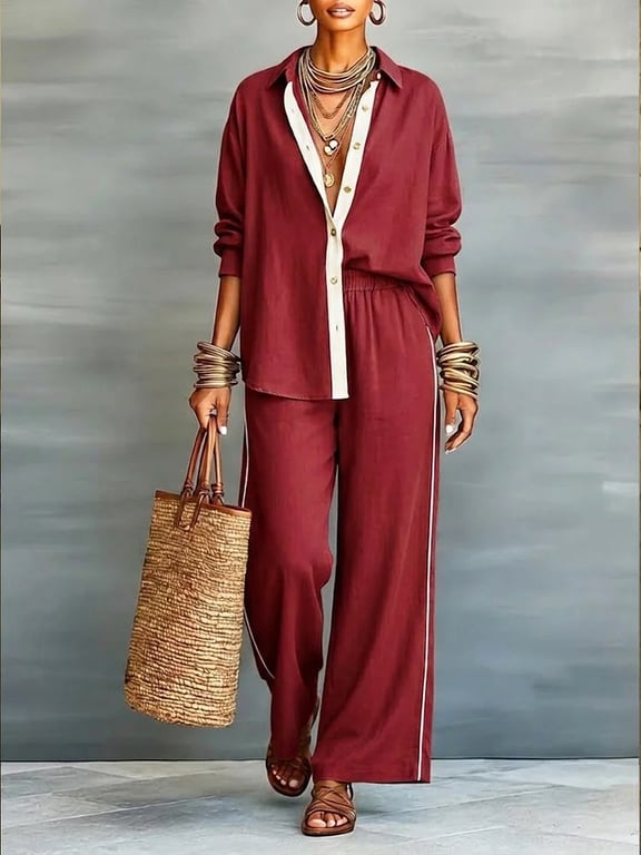 Women's Contrast-Color Casual Loose Pants Two-Piece Set | Comfy thumbnail 15