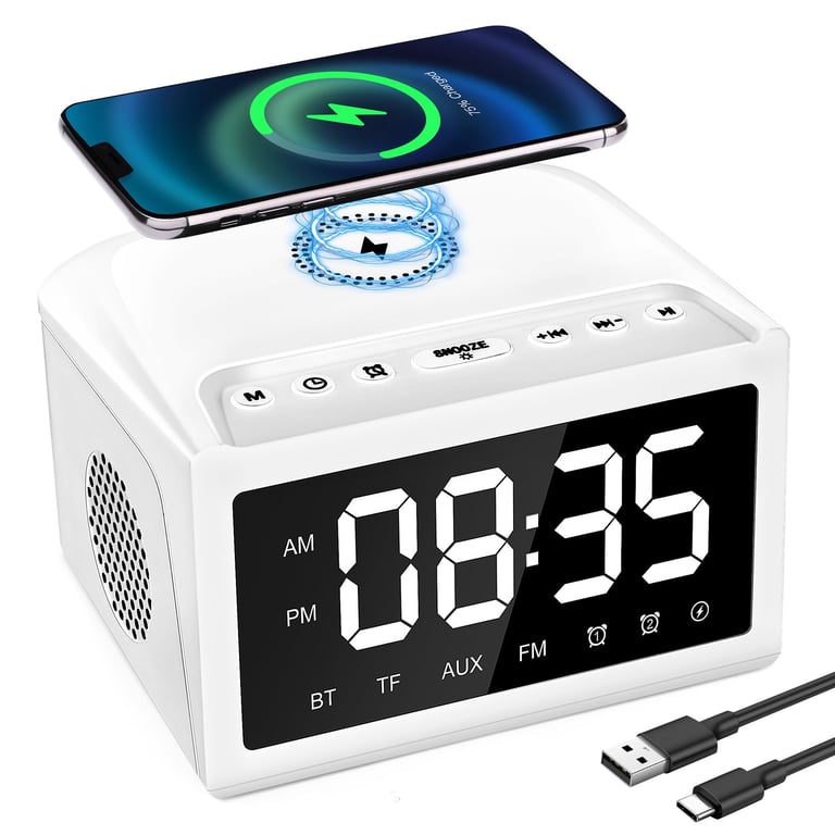 Digital Alarm Clock Radio with Bluetooth Speaker & Qi Charging