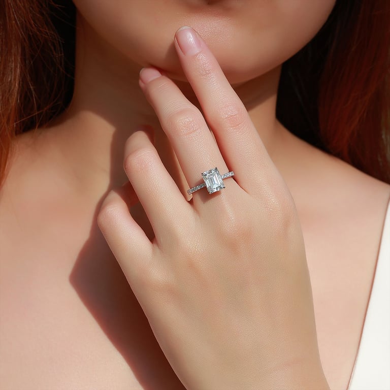 S925 Sterling Silver Four-Claw Moissanite Ring | Emerald-Cut Wedding Band thumbnail 3